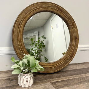 Round Mirror with Brown Wooden Frame