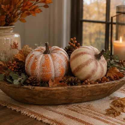 Two decorative pumpkins in a rustic wooden bowl with autumn leaves, pinecones, and greenery, set on a table near a window and candle.