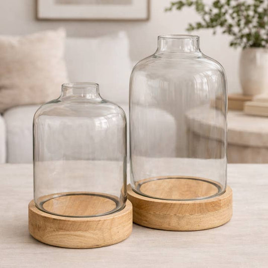 Glass Candle Holder W/Wood Base 10.25" H x 7" Dia | SB