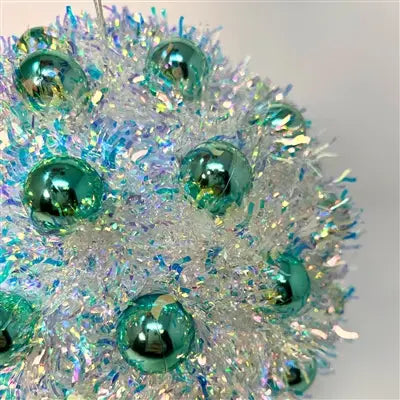 Iridescent Metallic Tinsel Mini Aqua Ball Ornament 6.25” |KS