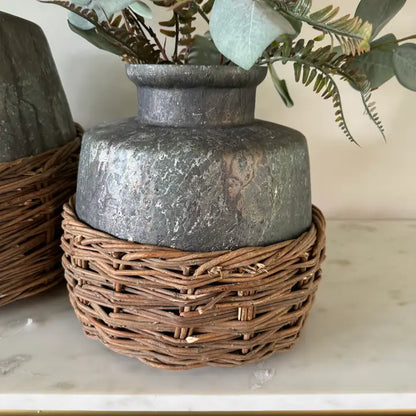 Small 11'' Wilmington Mercury Glass Vase with Woven Basket-Gray