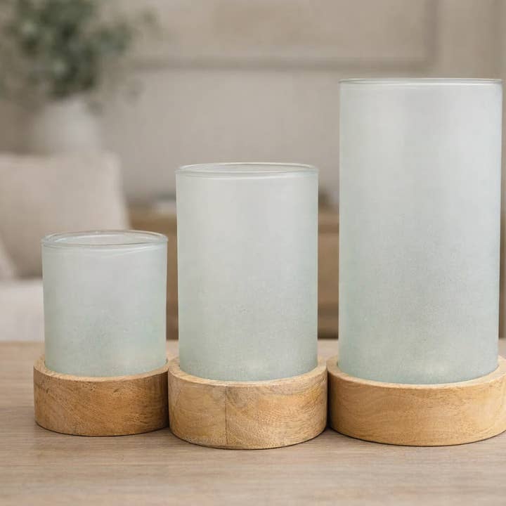 Modern Frosted Glass Candle Holder w/ Wooden Base 9" H x 6.5"Dia | SB