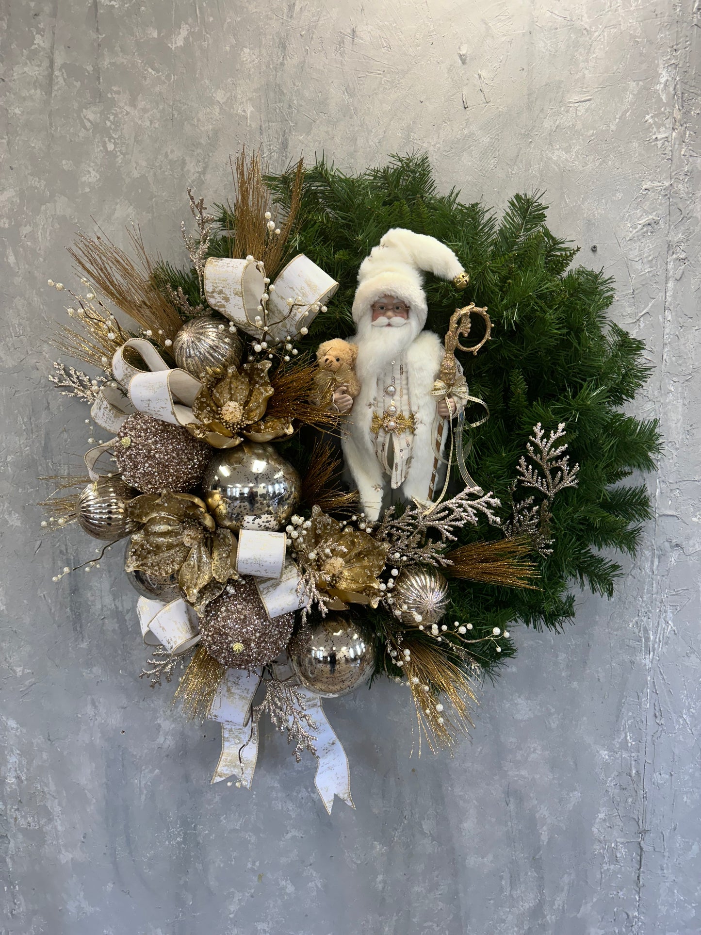 Elegant Holiday Wreath Featuring Champagne, Gold, Pearls and Santa {Completed Wreath}