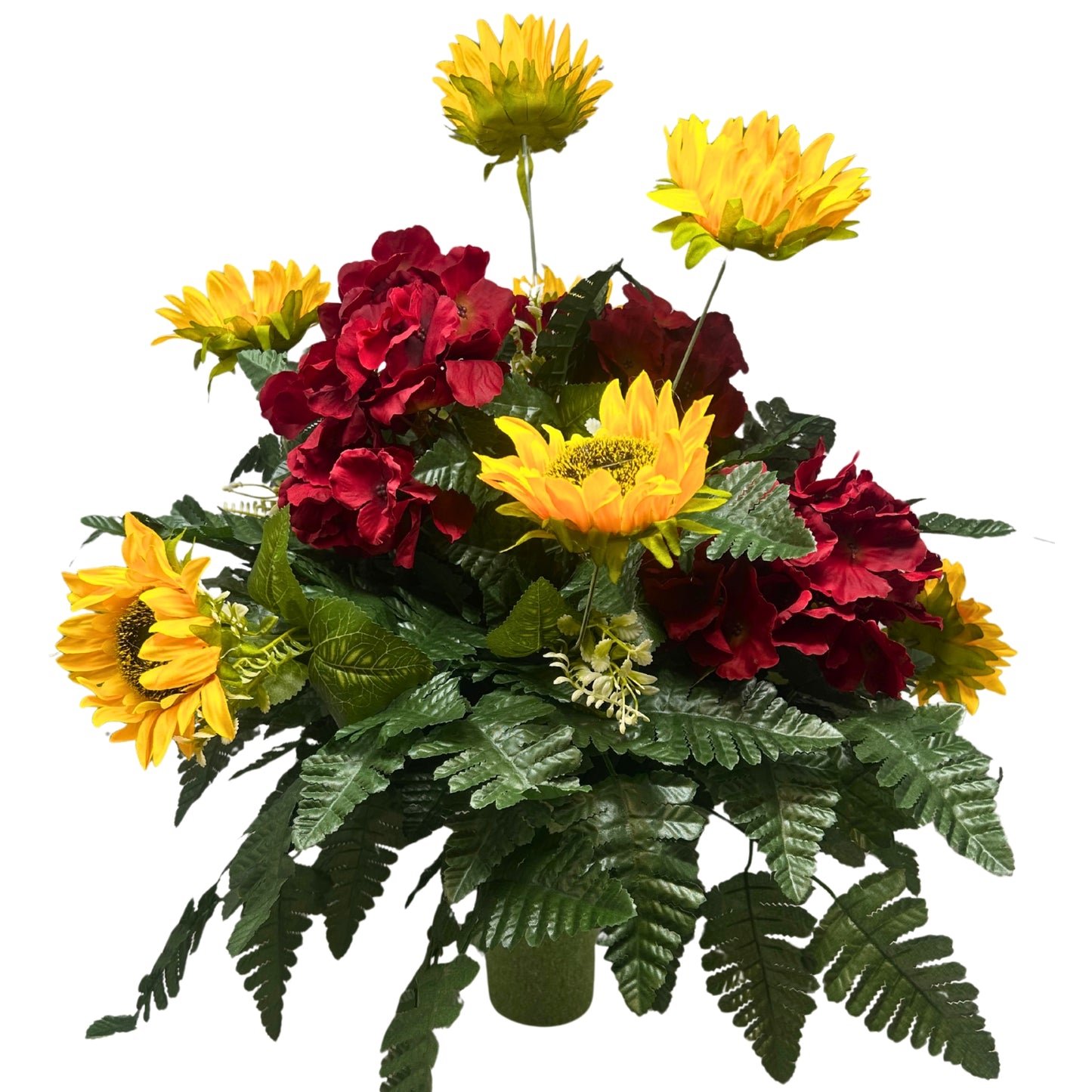 Fall Inspired Burgundy hydrangeas and Yellow Sunflower Vase Insert
