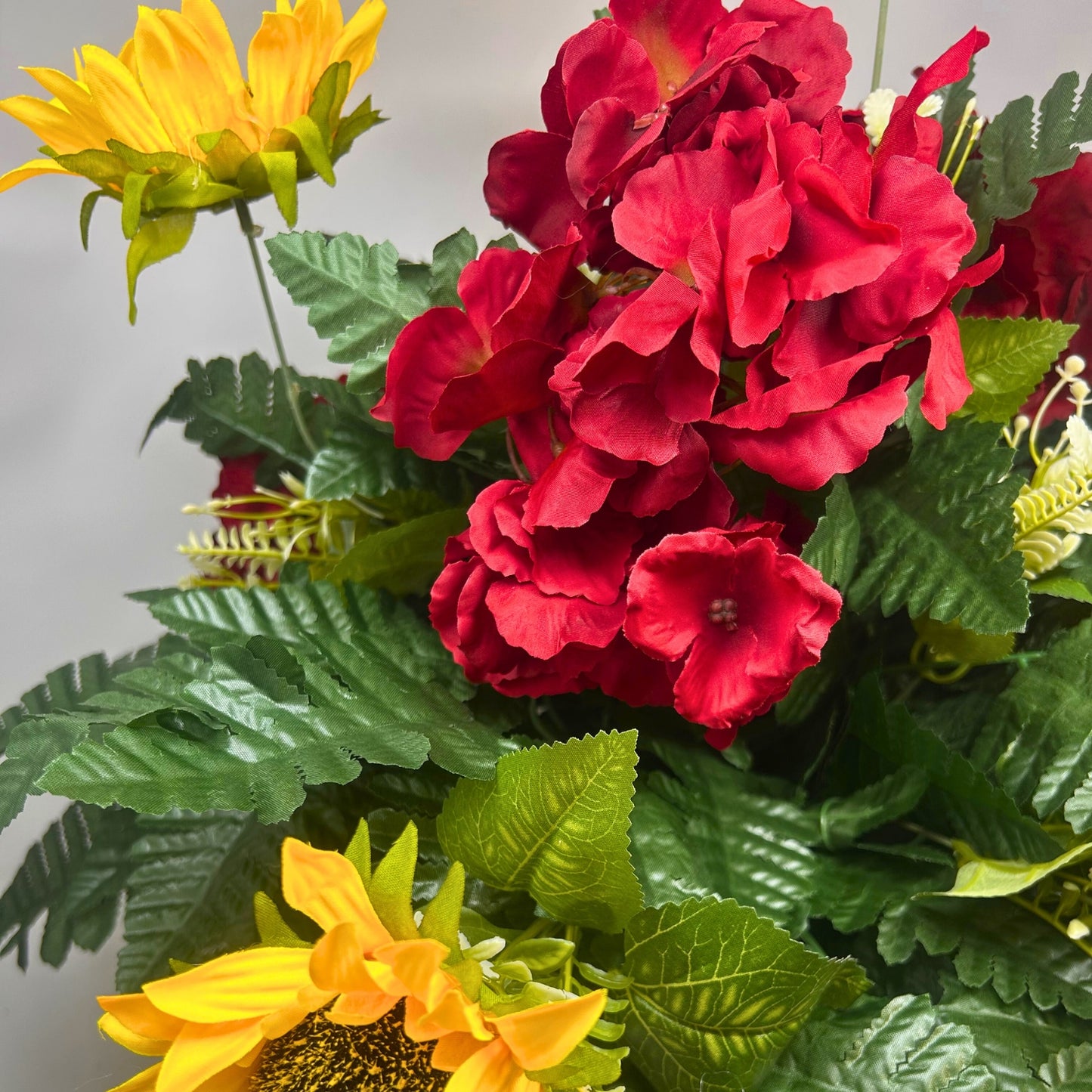 Fall Inspired Burgundy hydrangeas and Yellow Sunflower Vase Insert