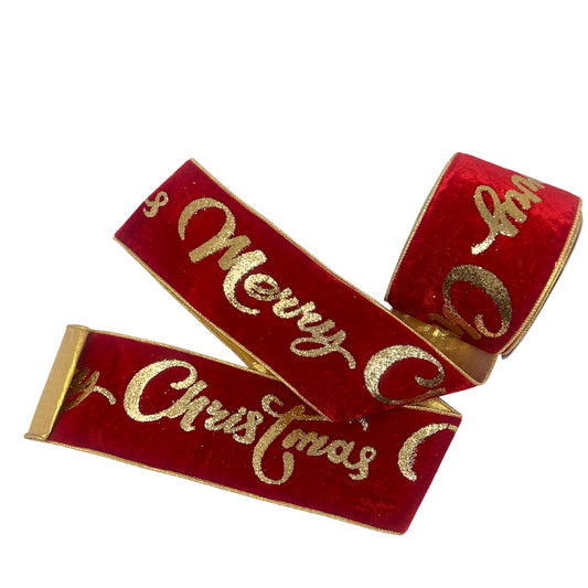 Gold Christmas Glitter Print on Red Velvet Ribbon w/ Gold lame back 4” x 10yd | IR