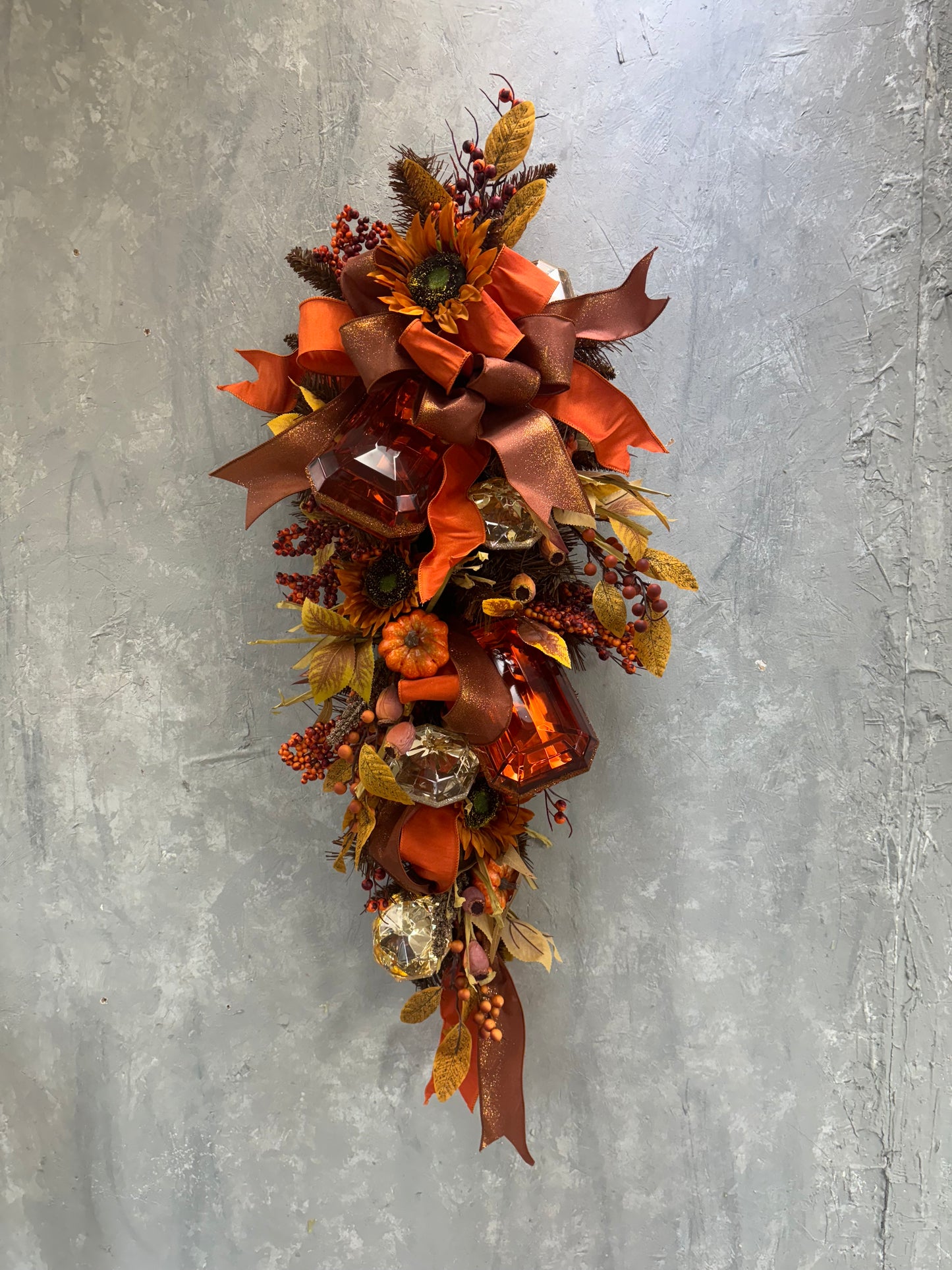 Fall Tear Drop Swag featuring Pumpkins, Sunflowers and Bling (Completed Swag)