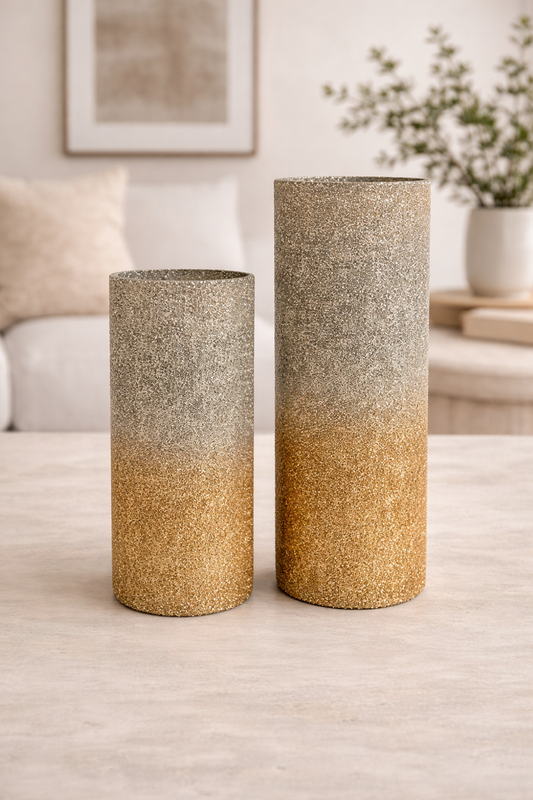 Ombre Crushed Glass Platinum/Gold Vase 12.5" H x 5" Dia | SB