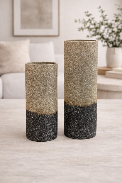 Ombre Crushed Glass Platinum/Black Vase 15" H x 5" Dia | SB