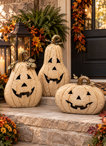 Metal Jack O Lantern Pumpkins w/ candle Holder Inside Antiqued Cream (set of 3) - 19", 15", 21" | FH