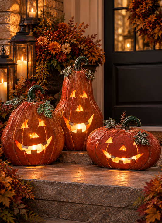 Metal Jack O Lantern Pumpkins w/ candle Holder Inside Rustic Orange (set of 3) - 19", 15", 21" | FH
