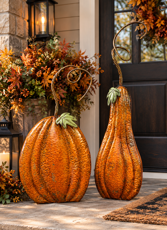 Perfect antiqued Orange Metal Pumpkin w/ Metallic Leafing (set of 2) 33.5", 43.5" | FH
