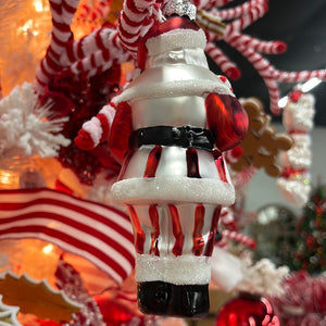 Strikingly Striped Peppermint Santa Glass Ornament 5.75”  | GS