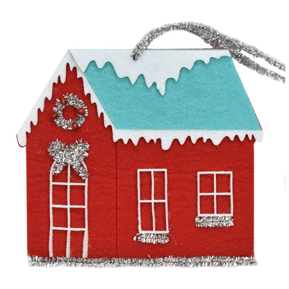 6" x 5.5" Retro Felt/Tinsel House - Red/Aqua