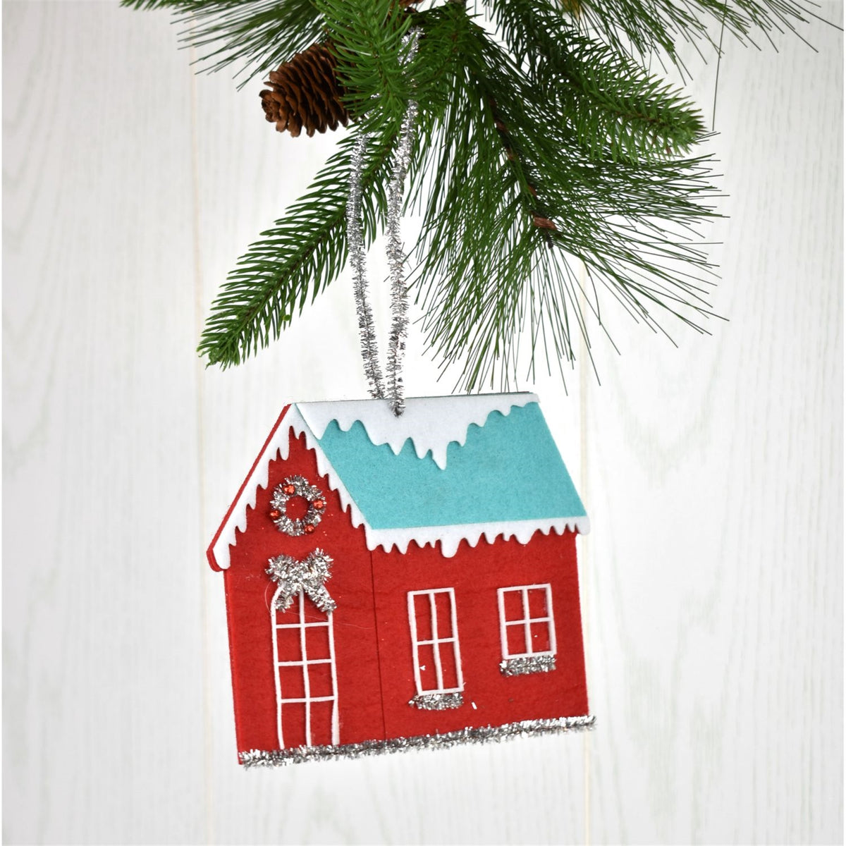 6" x 5.5" Retro Felt/Tinsel House - Red/Aqua