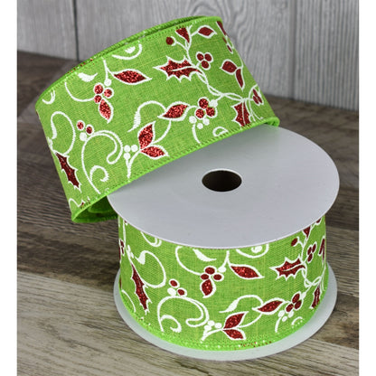 Lime with Red Glitter Holly Berry Pattern (2.5" x 10yd) YT