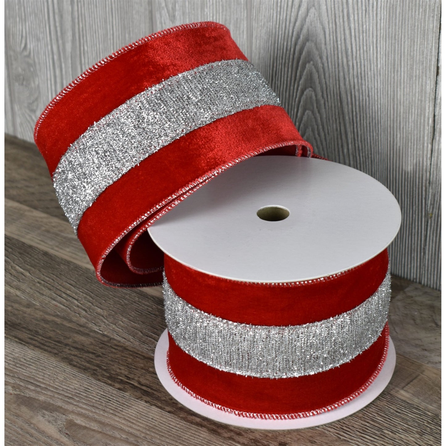 Red Flocking Velvet Center with Silver Metallic Woven Edge Ribbon (4" x 10yd)