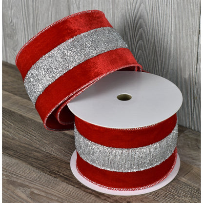Red Flocking Velvet Center with Silver Metallic Woven Edge Ribbon (4" x 10yd)