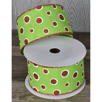 Lime w/White Outline Red Glitter Polka Dots and Red Edge 2.5" x 10yd  | YT