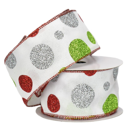 White w/Silver & Red & Green Glitter Polka Dots and Red Edge 2.5" x 10yd  PTW | YT