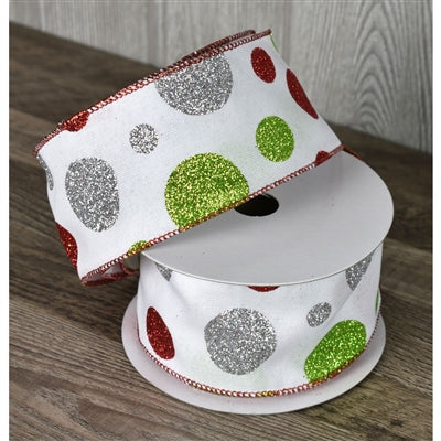 White w/Silver & Red & Green Glitter Polka Dots and Red Edge 2.5" x 10yd  PTW | YT
