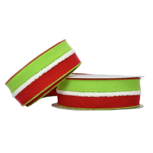 Red and Lime Flocking Velvet Centered w/Fuzzy White Trim 2.5" x 10yd | YT