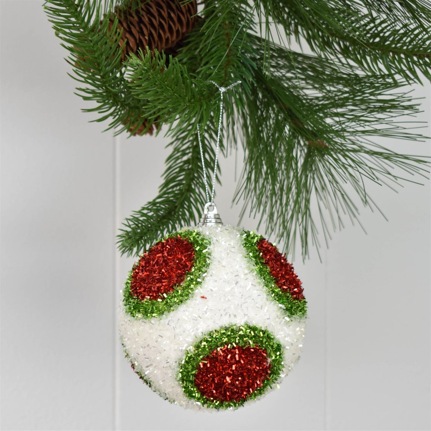 4" Dot Cut Tinsel Ball Ornament in White/Red/Green | FY