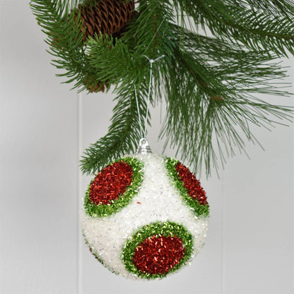 4" Dot Cut Tinsel Ball Ornament in White/Red/Green | FY