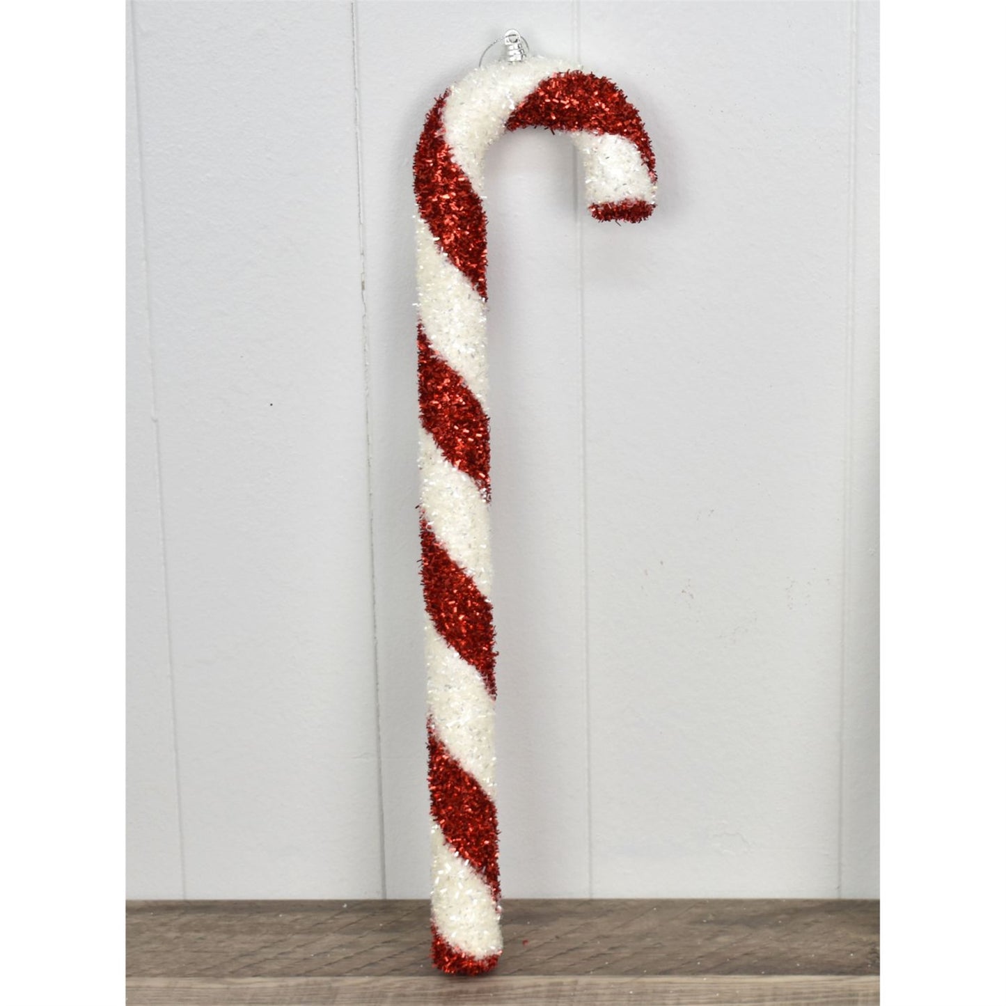 16.75" Cut Tinsel Candy Cane Ornament in White/Red | FY