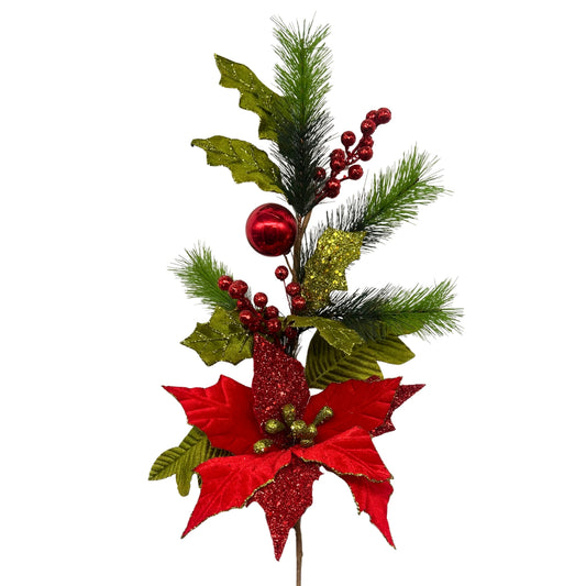25.5" Happy Holly Day Poinsettia Spray in Red/Green | QG