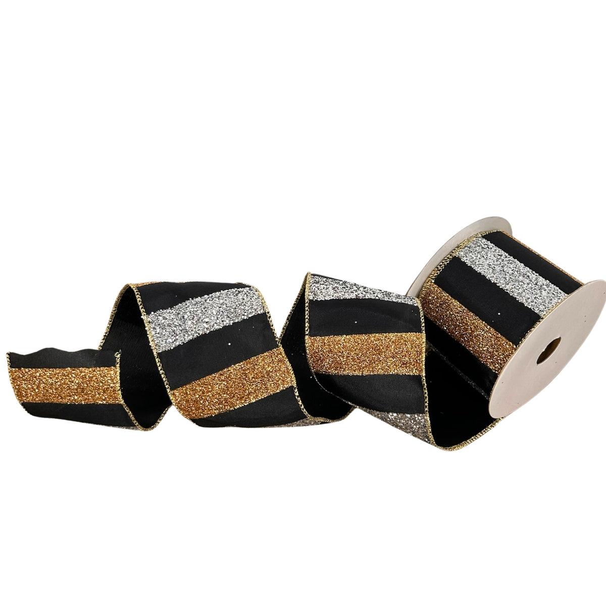 Large Glitter Striped Silver/Gold with Black backing Ribbon 2.5" x 10yd | YT