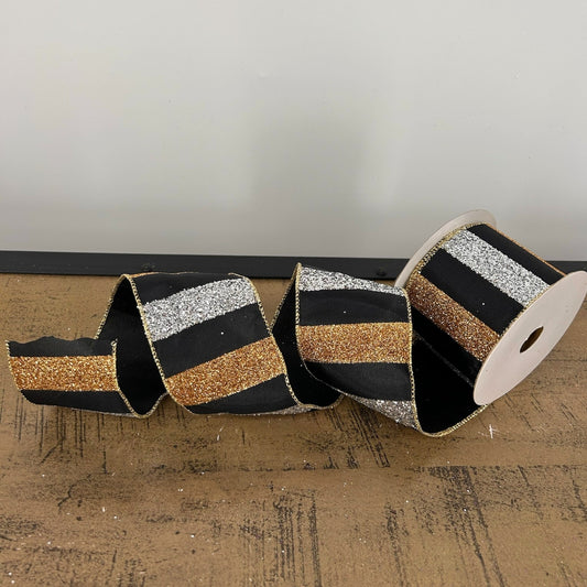 Large Glitter Striped Silver/Gold with Black backing Ribbon 2.5" x 10yd | YT