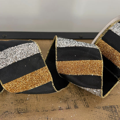 Large Glitter Striped Silver/Gold with Black backing Ribbon 2.5" x 10yd | YT