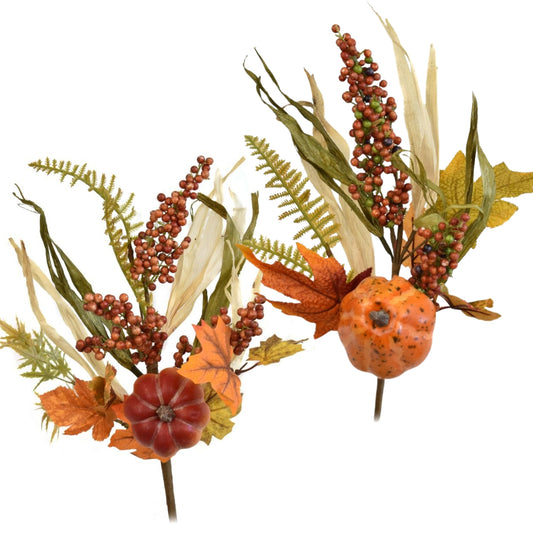 17.5" Perfect Pumpkin, Berries, Leaves Pick - 2 Assorted -set of 2 pcs| QD