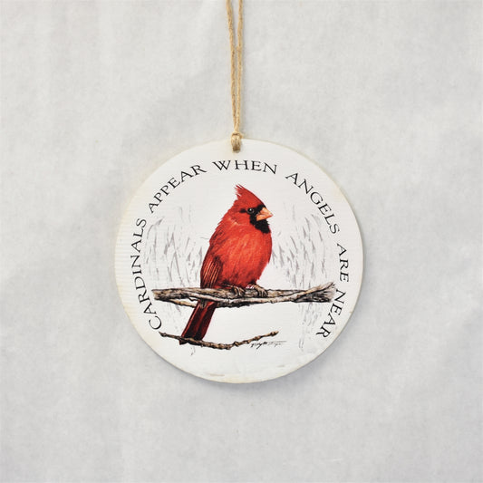 Wooden Red Bird Disk Ornament - White/Red 5.75" | QG