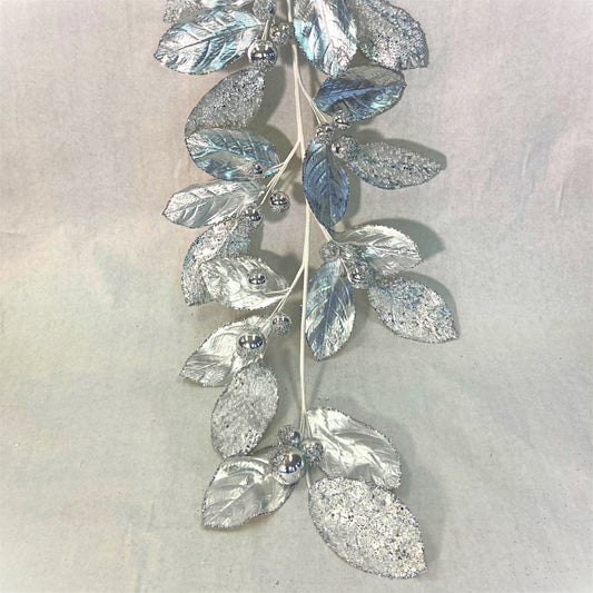 Icy Ice Metallic Magnolia Leaf Ball Garland 50" - Silver | QG