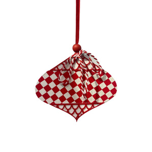 Flat Harlequin Print Finial Ornament - H:5.25" x W:5.5" - Red/White | TA