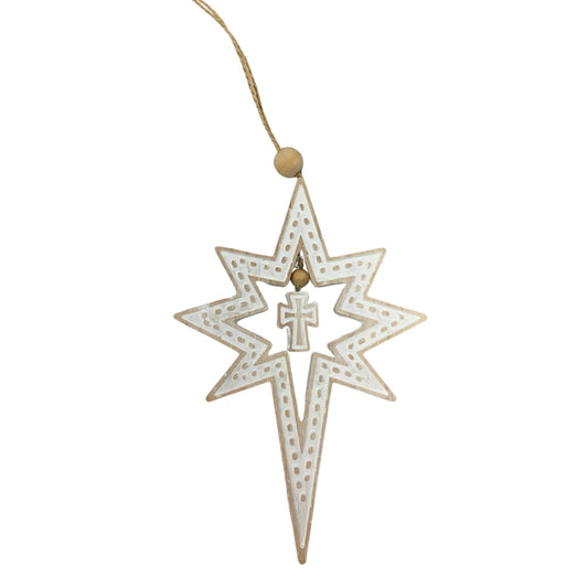 Wooden Whitewash Star of Bethlehem Ornament 8" - Natural | TA