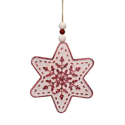 Wooden Snowflake w/ Beaded Hanger 6" - White/Red | TA