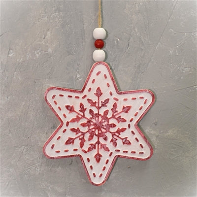 Wooden Snowflake w/ Beaded Hanger 6" - White/Red | TA