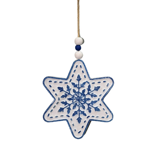 Wooden Snowflake w/ Beaded Hanger 6" - White/Blue | TA