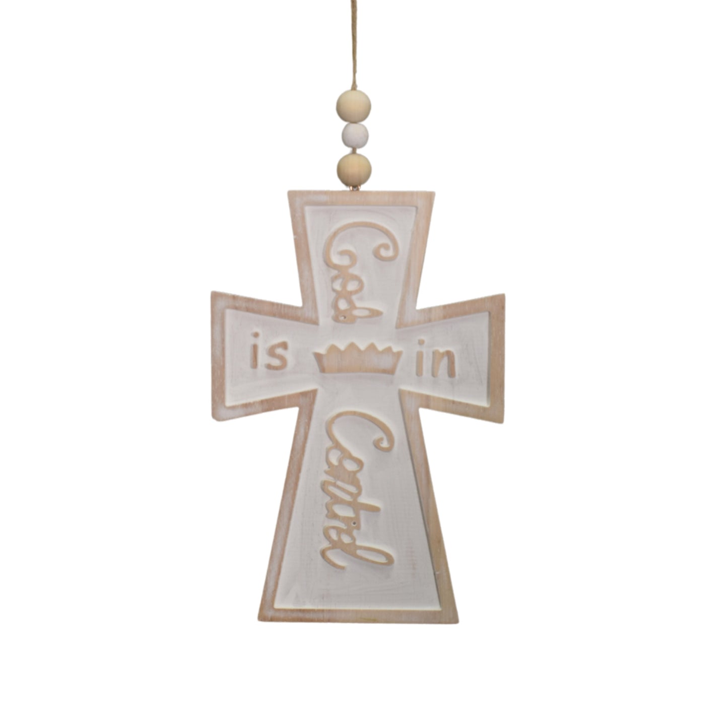 Wooden Whitewash "God is in Control" Cross Ornament 9.75"  | TA