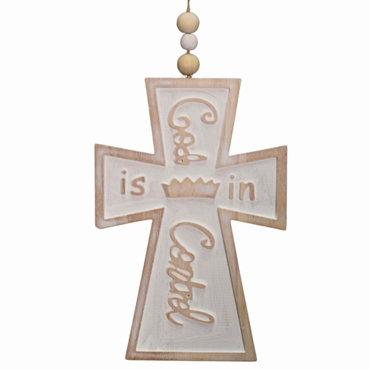 Wooden Whitewash "God is in Control" Cross Ornament 9.75"  | TA