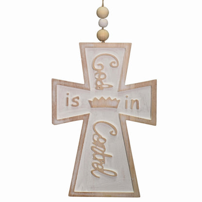 Wooden Whitewash "God is in Control" Cross Ornament 9.75"  | TA