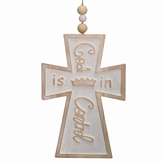 Wooden Whitewash "God is in Control" Cross Ornament 9.75"  | TA
