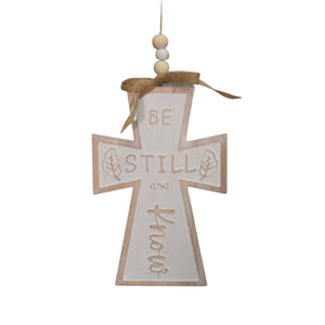 Wooden Whitewash "Be Still and Know" Cross Ornament 10" | TA