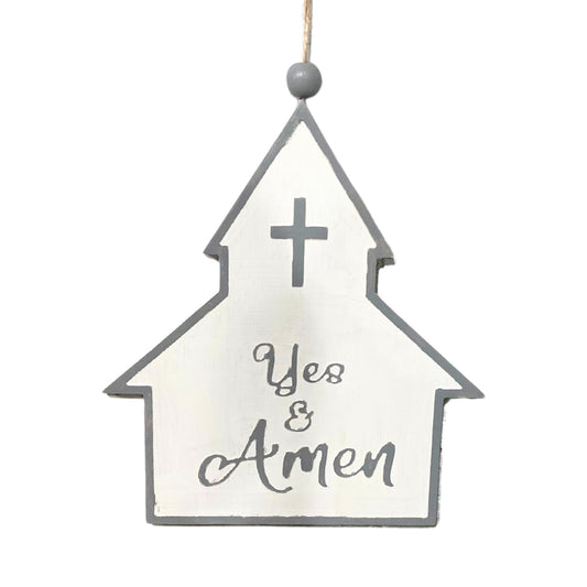 Wooden Whitewash "Yes & Amen" Church Ornament 8.5" | TA