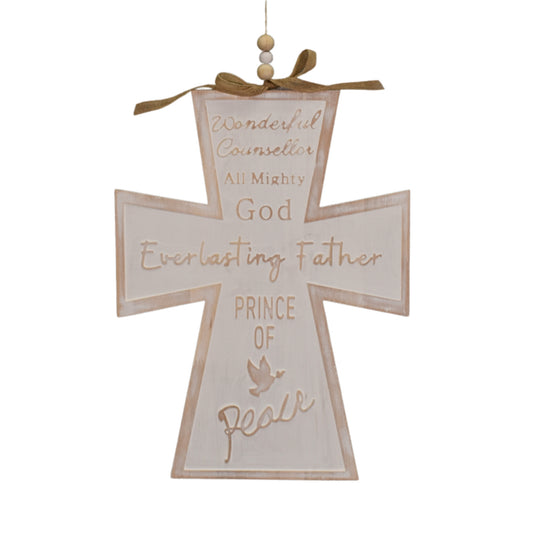 Wooden Whitewash Isaiah 9:6 Cross Ornament 16.5" - Natural | TA