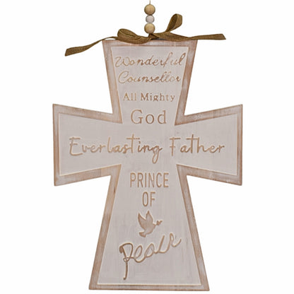 Wooden Whitewash Isaiah 9:6 Cross Ornament 16.5" - Natural | TA