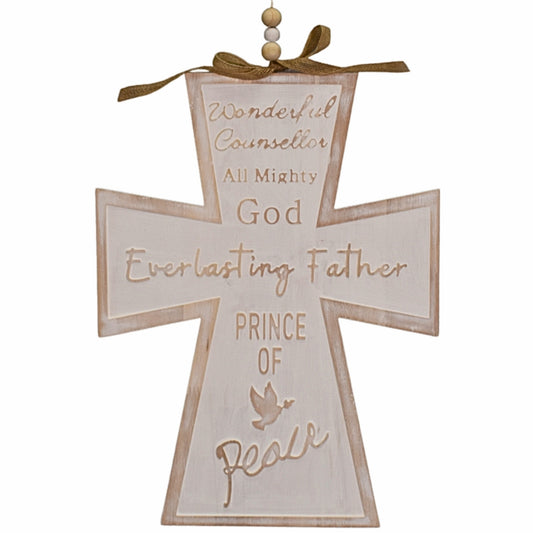 Wooden Whitewash Isaiah 9:6 Cross Ornament 16.5" - Natural | TA